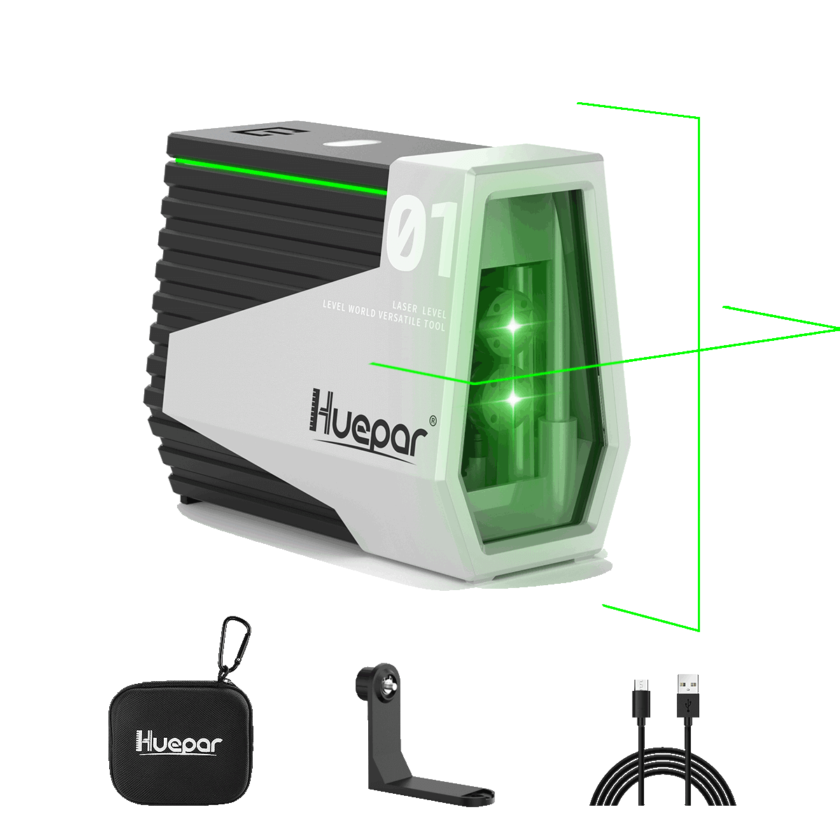 Huepar E011G - Outil de niveaux laser auto-nivelant à lignes transversales à faisceau vert avec capteur de mouvement et batterie Li-ion