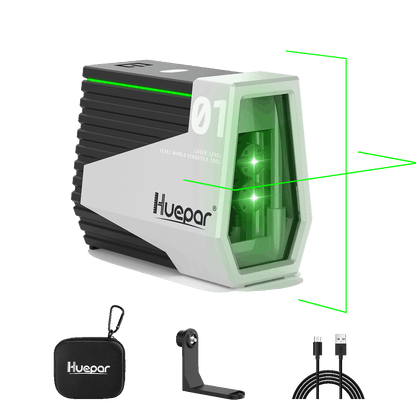 Huepar E011G - Herramienta de niveles láser autonivelantes de línea cruzada de haz verde con sensor de movimiento y batería de iones de litio 