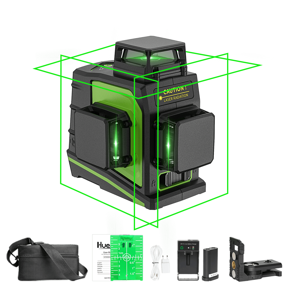 Huepar GF360G – selbstnivellierender 3D-Laser mit grünem Strahl und magnetischer Schwenkbasis