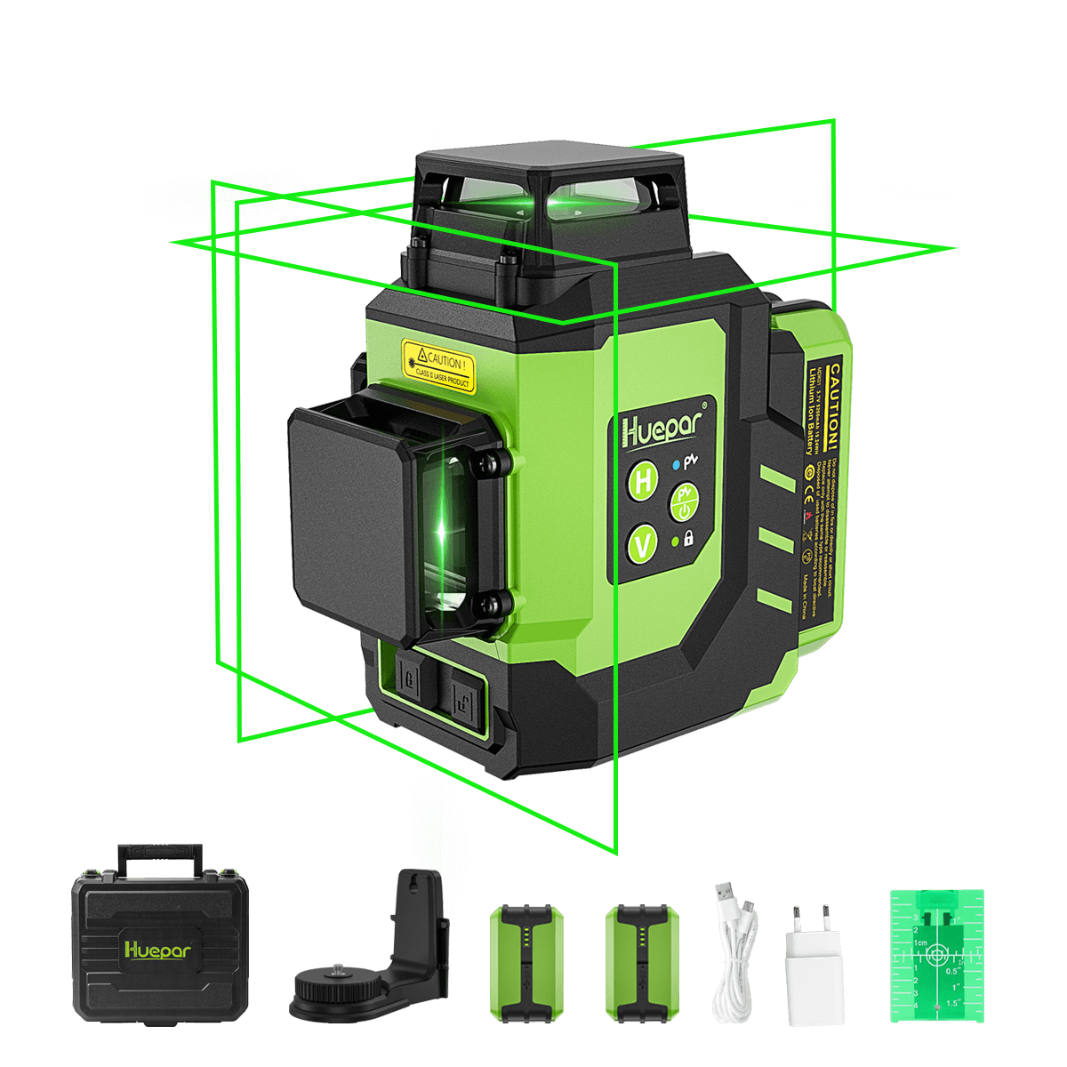 Huepar LS03CG - Poziomica laserowa 3x360° z 2 akumulatorami litowo-jonowymi 3D Zewnętrzna poziomica z zielonym krzyżem do zastosowań budowlanych