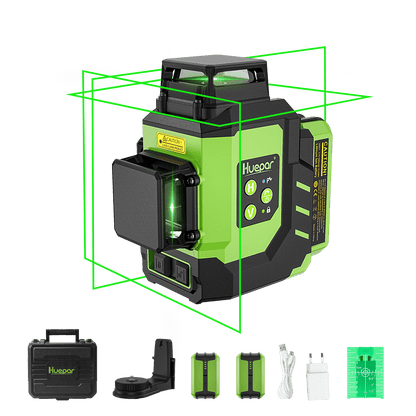 Huepar LS03CG - Livella laser 3x360° con 2 batterie agli ioni di litio Autolivellante 3D per esterni con linea trasversale verde per l'edilizia 