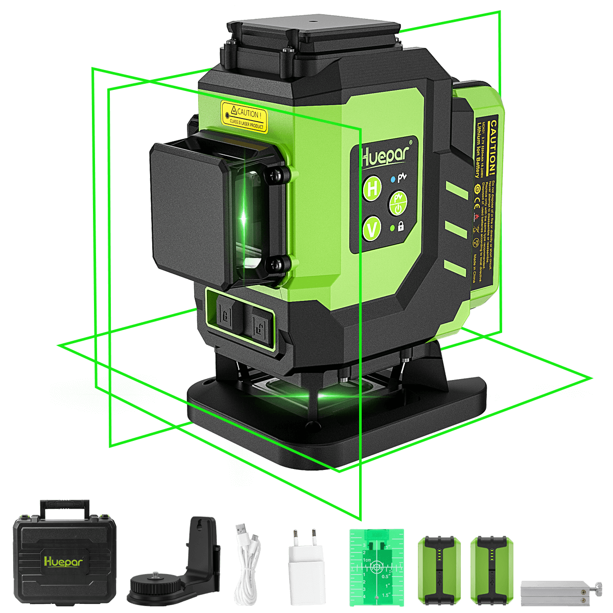 Huepar LS03DG - Livella laser per pavimenti per piastrelle a raggio verde 3D° con 2 batterie agli ioni di litio e porta di ricarica di tipo C 