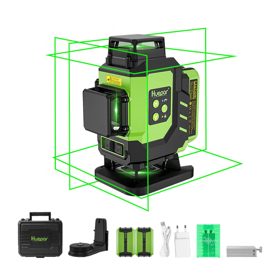 Huepar LS04CG - laserska nibela 3x360° s 2 litij-ionske baterije 4D vanjska zelena križna linija, samonivelirajuća za građevinarstvo