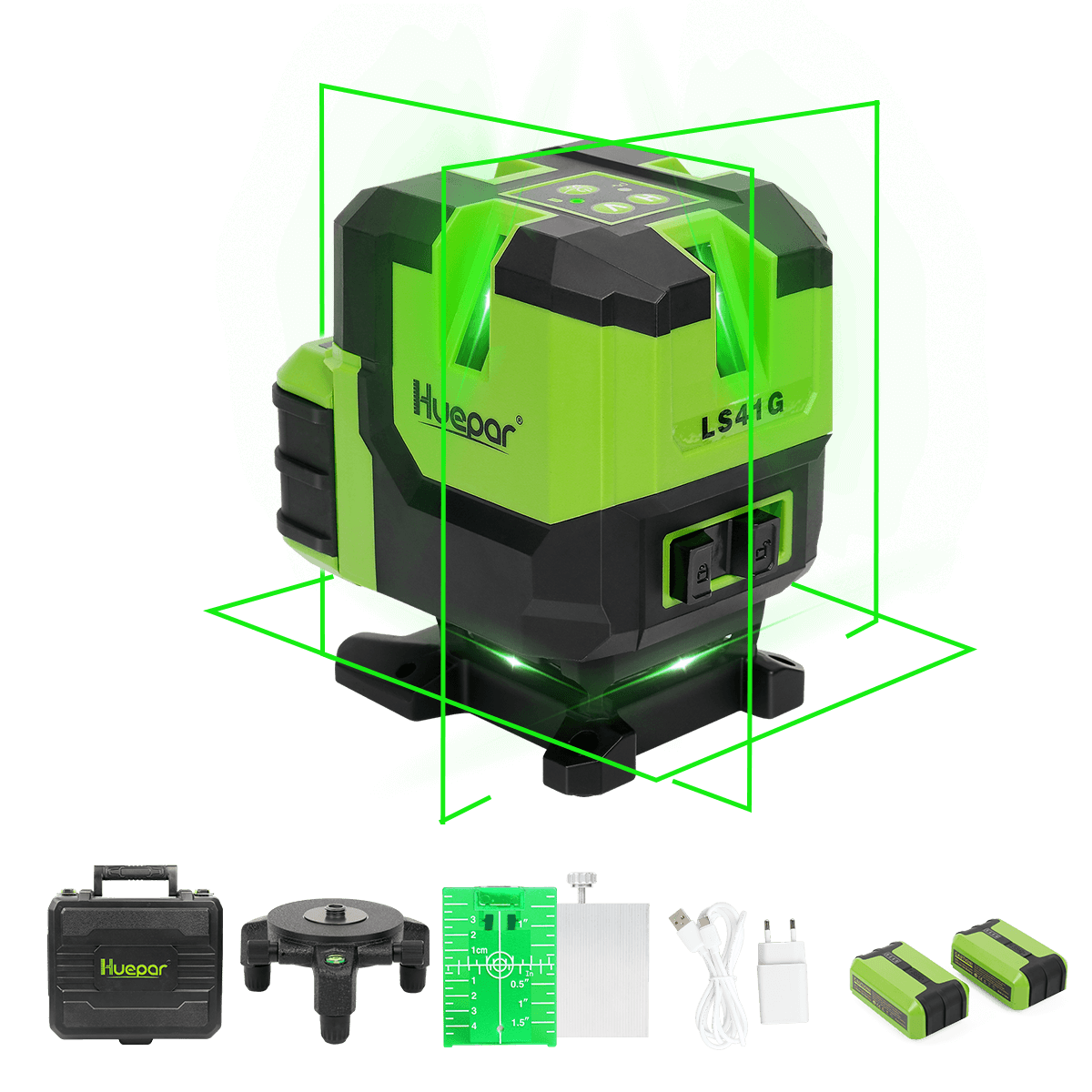 HUEPAR LS41G – Selbstnivellierender Multilinien-Laser mit grünen Kreuzlinien – vier vertikale und eine horizontale 360°-Linie mit Lotpunkt