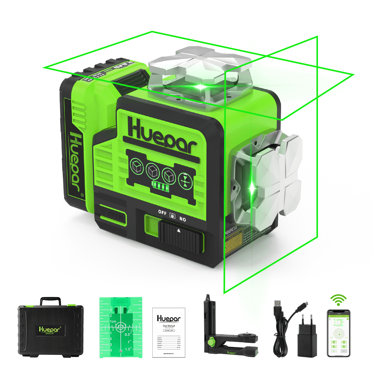 Huepar P02CG - 2 x 360° Outil laser croisé Bluetooth auto-nivelant 12 lignes vert avec mode impulsion