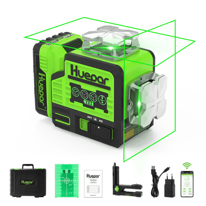 Huepar P02CG - 2 x 360° Verde Bluetooth Autolivellante 12 Linee Strumento Laser a Croce con Modalità a Impulsi 