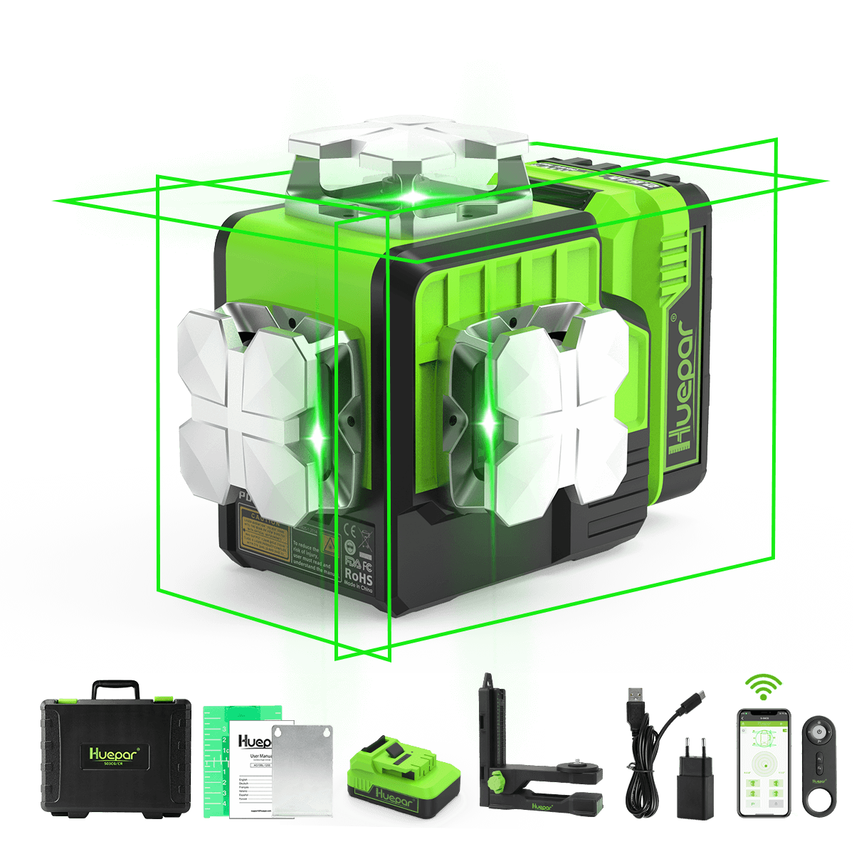 Huepar P03CG – Selbstnivellierender 3x360°Bluetooth-Linienlaser für den Außenbereich, grüner 3D-Strahl, mit Hartschalen-Tragetasche