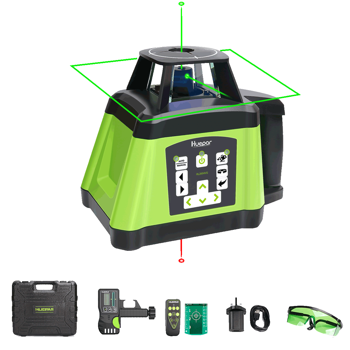Huepar RL200HVG - Niveau laser rotatif vert électronique à nivellement automatique + points d'aplomb avec récepteur