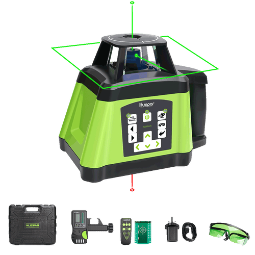 Huepar RL200HVG - Niveau laser rotatif vert électronique à nivellement automatique + points d'aplomb avec récepteur